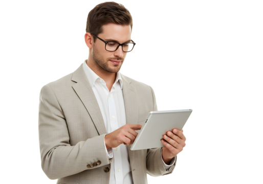 A businessman in a suit and glasses uses a tablet for a professional presentation