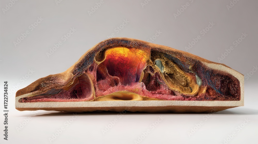 Poster cross-section of a colorful abstract layered structure on white background