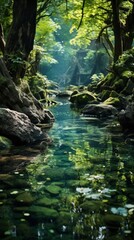 Fototapeta premium Serene forest stream with sunlight filtering through