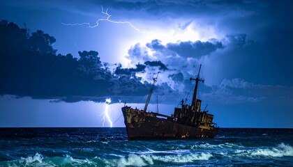 Dramatic shipwreck at night with lightning storm