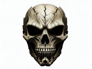 Eerie Skull Mask Carved from Charred Wood with Faint Glow on a Clean White Background