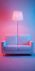 A vibrant, two-toned, and stylish setting, highlighted by a modern lamp and a white couch, is elegantly illuminated by vibrant neon colors.