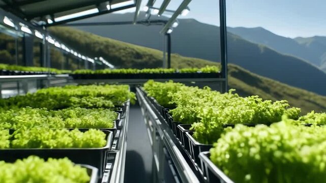 Lettuce growing on a conveyor belt in a modern greenhouse.