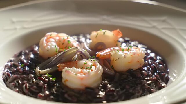Shrimp risotto dish close up