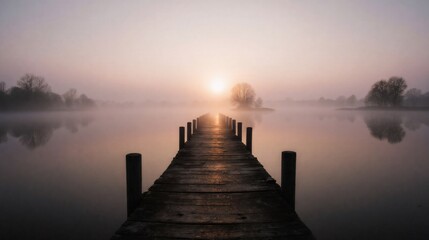 Fototapeta premium Wooden pier extending into a misty lake at sunrise, tranquil nature scene.