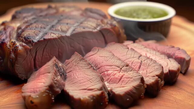 Sliced grilled steak with sauce