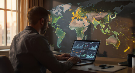 Man working on laptop with world map projection in dimly lit room
