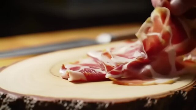 Sliced prosciutto on wooden board
