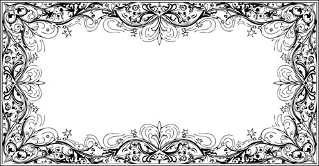 Elegant ornate decorative border design with swirling floral motifs and star accents creating a vintage or classic frame for text or invitations
