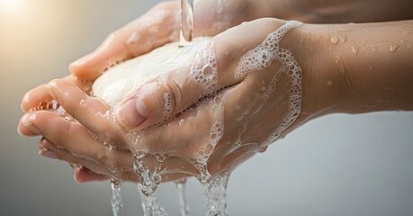 Fototapeta premium Close-up of hands washing a bar of soap under running water with soap bubbles, clean background
