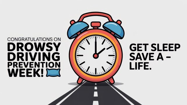Bright alarm clock celebrating drowsy driving prevention week with a message about sleep and safety. Drowsy Driving Prevention Week