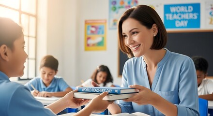 Teacher celebrating World Teachers' Day in a classroom, handing books to a student while others engage