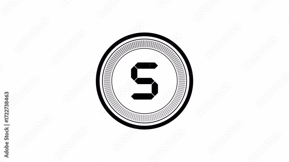 Poster circle countdown timer 5 seconds animation from 5 to 0, digital timer on black background.