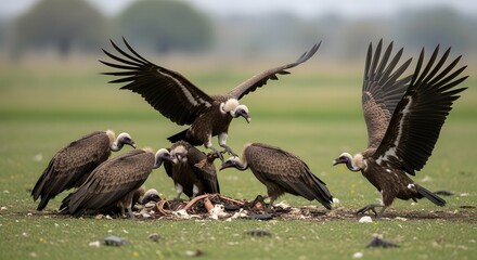 A group of vultures scavenging on a carcass in an open field with a blurred natural background