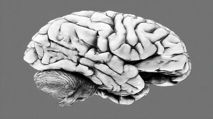 Detailed Anatomical Illustration of a Human Brain in Monochrome