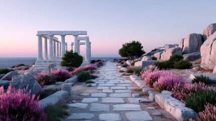 Ancient Greek Temple Ruins Path with Purple Flowers on Rocky Hillside under Dusk Sky