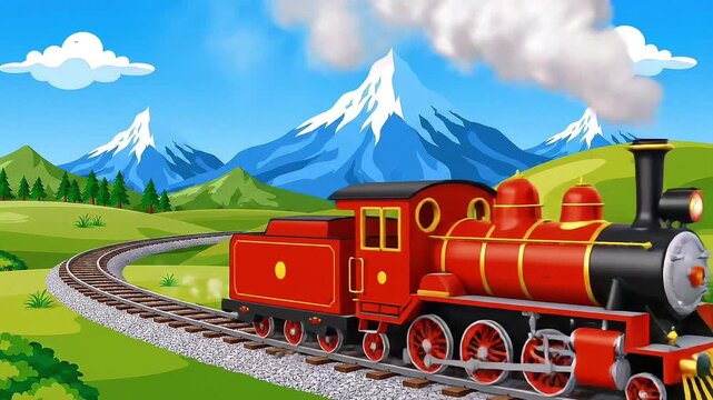 A cartoon train travels along tracks through a scenic mountain landscape.
