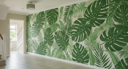 Tropical Leaf Wall Mural in Modern Home Hallway with Green Botanical Design
