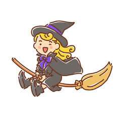 ほうきにまたがっている笑顔の魔女の女の子（フルカラー）