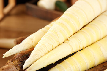 Freshly Dug Tianmu Mountain Bamboo Shoots on Wooden Board - Traditional Asian Cooking Ingredient
