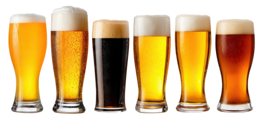 Set of various beer glasses with foam and condensation, isolated on transparent cutout background