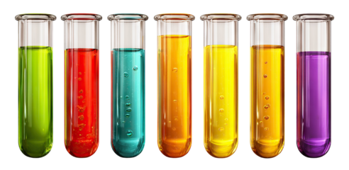Set of laboratory test tubes with colorful liquids, isolated on transparent cutout background