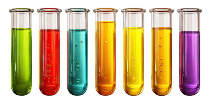 Set of laboratory test tubes with colorful liquids, isolated on transparent cutout background