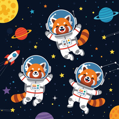 Happy red panda astronauts explore the starfilled universe Joyful space adventure for kids