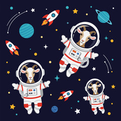 Whimsical cartoon goats in astronaut suits float in outer space with rockets planets and stars