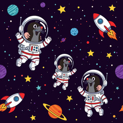 Fototapeta premium Smiling mole astronauts explore a vibrant galaxy with rockets and planets Fun space adventure for kids