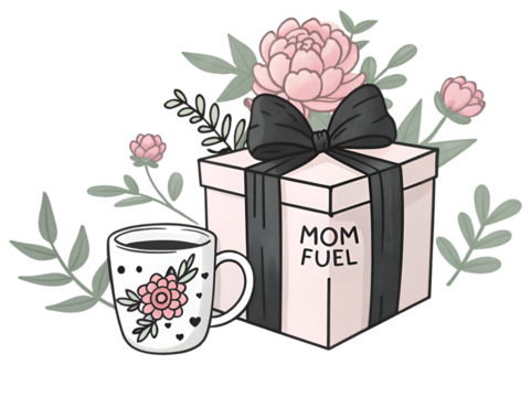 Mothers Day gift box with coffee mug and pink flowers isolated on transparent background