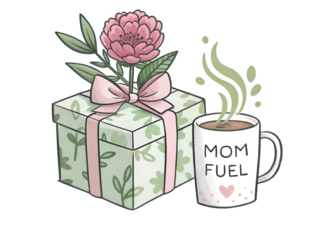 Mothers Day gift box with pink ribbon and peony flower next to coffee mug that says Mom Fuel isolated on transparent background