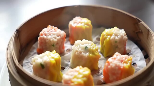 Steamed dumplings in bamboo steamer