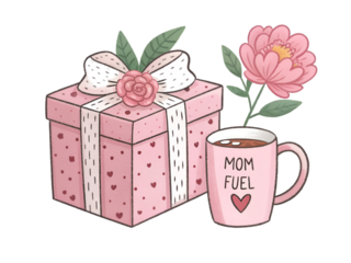 Pink gift box with ribbon rose flower coffee mug Mom Fuel design isolated on transparent background