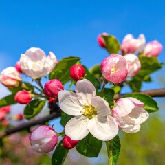 Obraz premium Close-up of vibrant apple blossoms against a clear blue sky