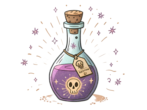 Purple potion bottle with skull label and magical sparkles isolated on transparent background