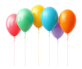 Bright party balloons in assorted colors, isolated on transparent cutout background