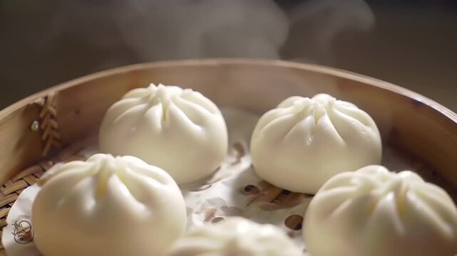 Steaming buns in bamboo steamer
