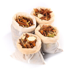 Five Canvas Bags with Assorted Dry Spices and Seasonings Collection for Cooking and Marinades