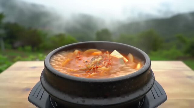 Steaming hot soup outdoors