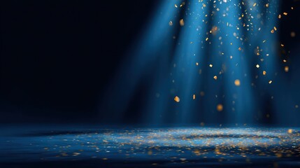 Dramatic blue spotlight shines on falling gold confetti in a dark abstract scene