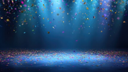 Vivid stage with confetti rain under spotlights, floor covered with colorful pieces