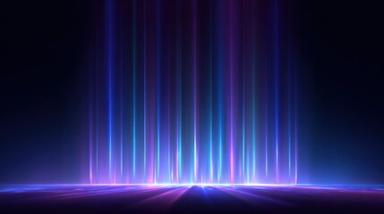 Abstract digital art depicting vertical beams of vibrant blue and purple light emanating from above, illuminating a dark, reflective surface below