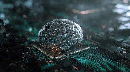A metallic brain model rests atop a circuit board, suggesting a fusion of organic and technological intelligence. 