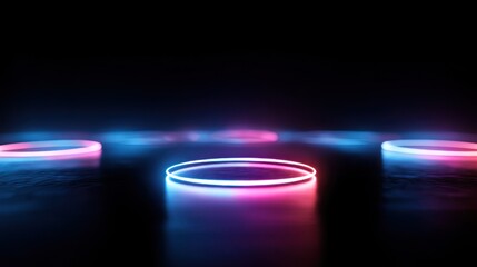 Neon-lit circles on a glossy floor in the dark with moody, atmospheric lighting