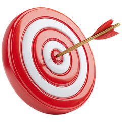 3D-rendered plastic Cartoon glossy red and white target with an arrow piercing bullseye. Represents precision, goal achievement, motivation, strategic aiming in sports, business, personal development.