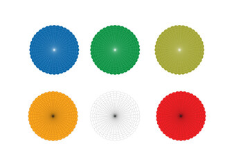 Colorful circular mandala pattern set with geometric symmetry in blue, green, red, orange for decorative use