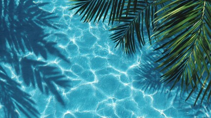 Pool water shimmers, reflects light with palm leaves casting shadows on the surface
