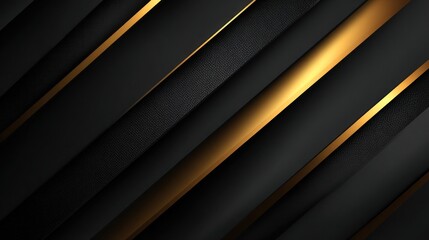 Abstract black panels diagonally layered with golden light accent stripes, sleek, modern