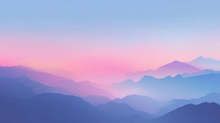 Serene mountain landscape with layered peaks beneath a sky of pink and blue hues